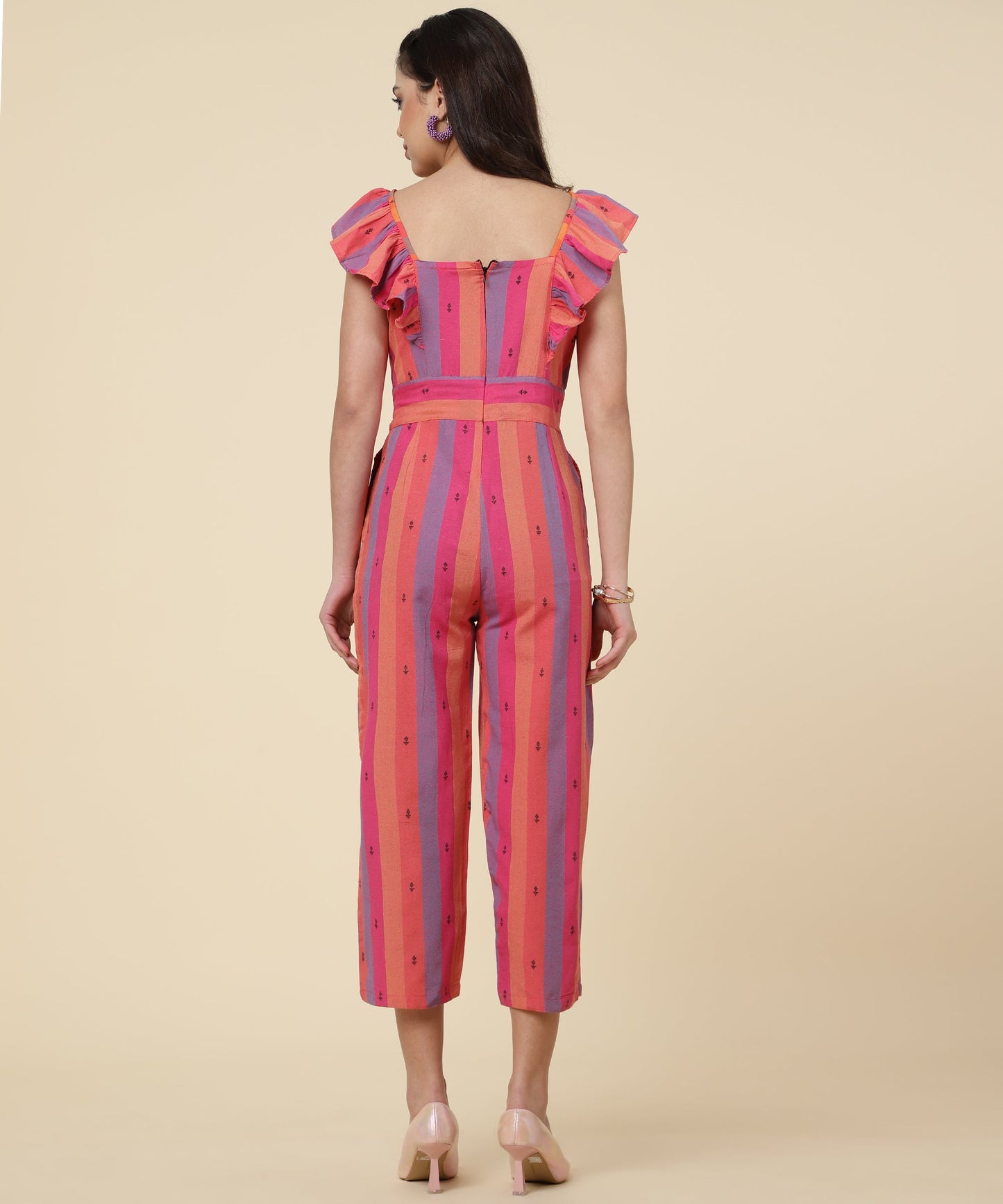 ANUSHIL Multicoloured Striped Jumpsuit for Women - Ruffle Sleeves, Ankle Length Jumsuit for Girls - Woven Cotton Fabric With Square Neck Style(Pink)