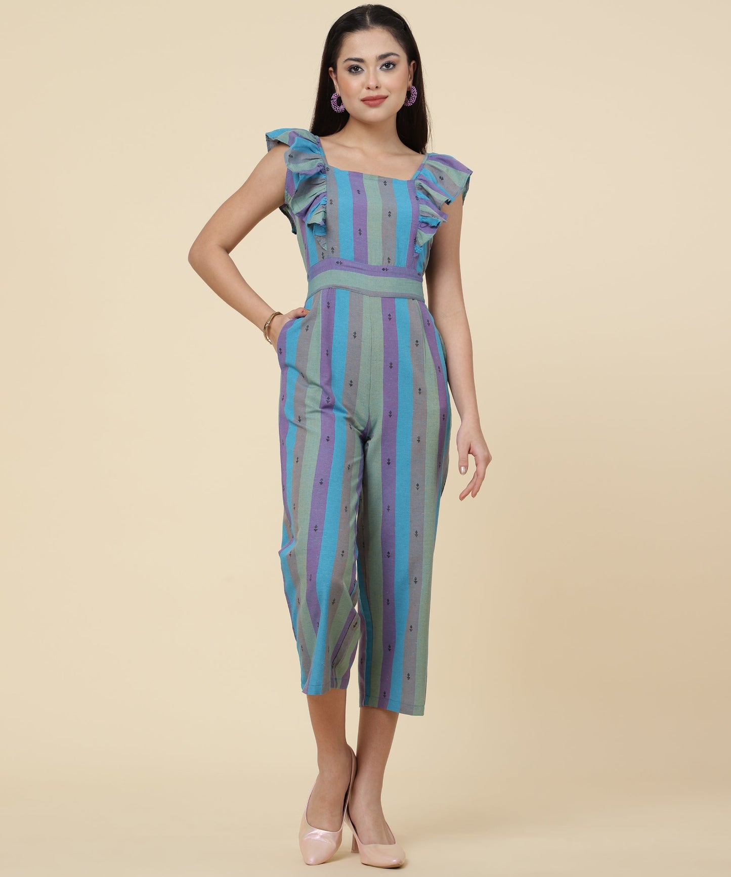 ANUSHIL Multicoloured Striped Jumpsuit for Women - Ruffle Sleeves, Ankle Length Jumsuit for Girls - Woven Cotton Fabric With Square Neck Style(Blue)