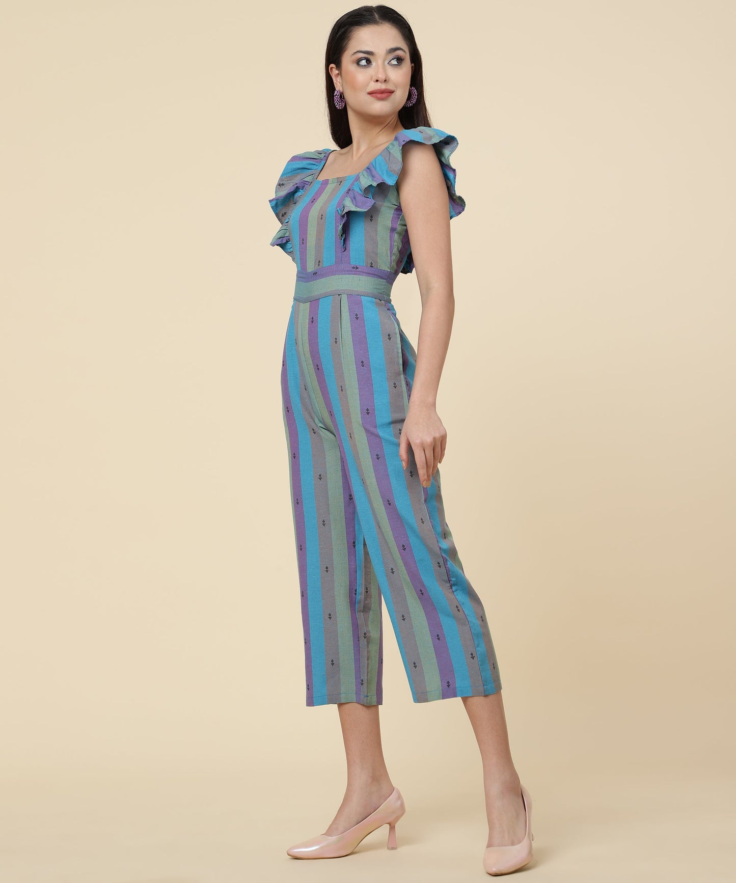 ANUSHIL Multicoloured Striped Jumpsuit for Women - Ruffle Sleeves, Ankle Length Jumsuit for Girls - Woven Cotton Fabric With Square Neck Style(Blue)