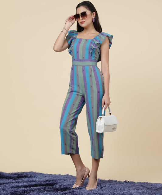 ANUSHIL Multicoloured Striped Jumpsuit for Women - Ruffle Sleeves, Ankle Length Jumsuit for Girls - Woven Cotton Fabric With Square Neck Style(Blue)