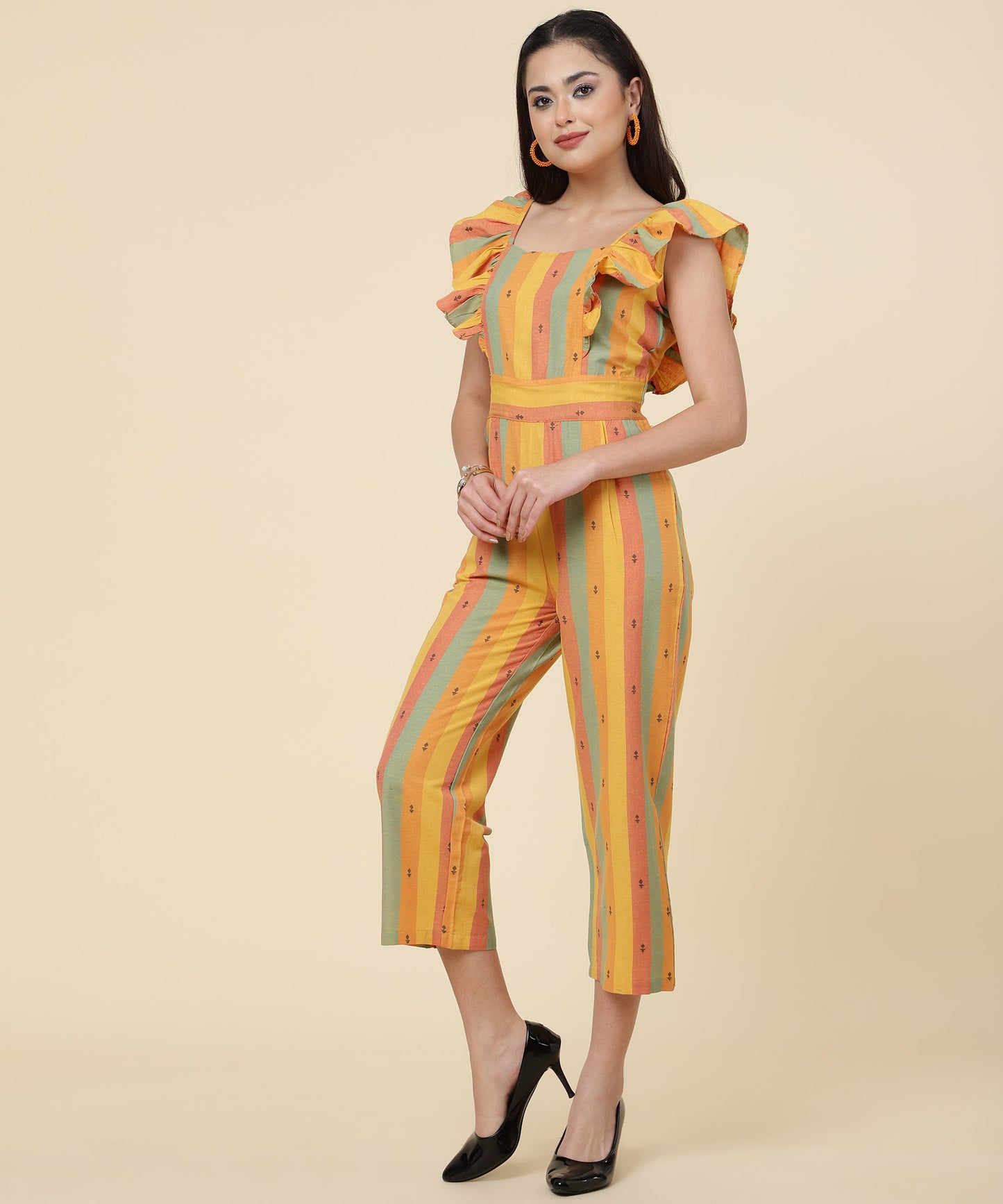 ANUSHIL Multicoloured Striped Jumpsuit for Women - Ruffle Sleeves, Ankle Length Jumsuit for Girls - Woven Cotton Fabric With Square Neck Style(Yellow)
