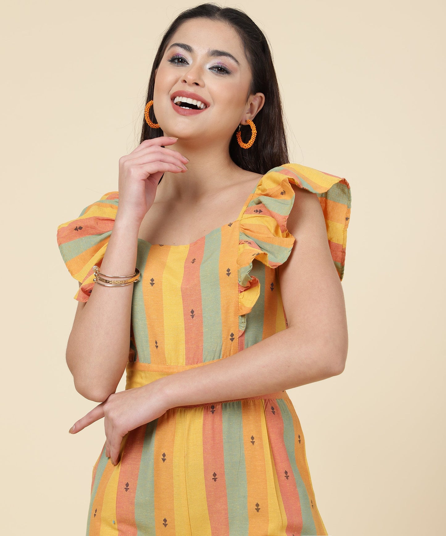 ANUSHIL Multicoloured Striped Jumpsuit for Women - Ruffle Sleeves, Ankle Length Jumsuit for Girls - Woven Cotton Fabric With Square Neck Style(Yellow)