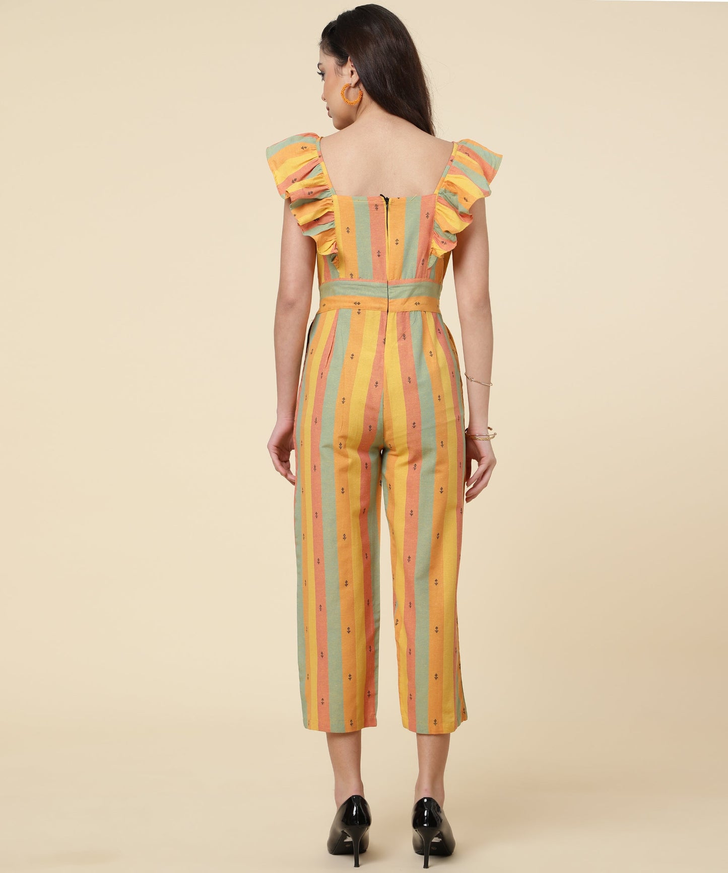ANUSHIL Multicoloured Striped Jumpsuit for Women - Ruffle Sleeves, Ankle Length Jumsuit for Girls - Woven Cotton Fabric With Square Neck Style(Yellow)