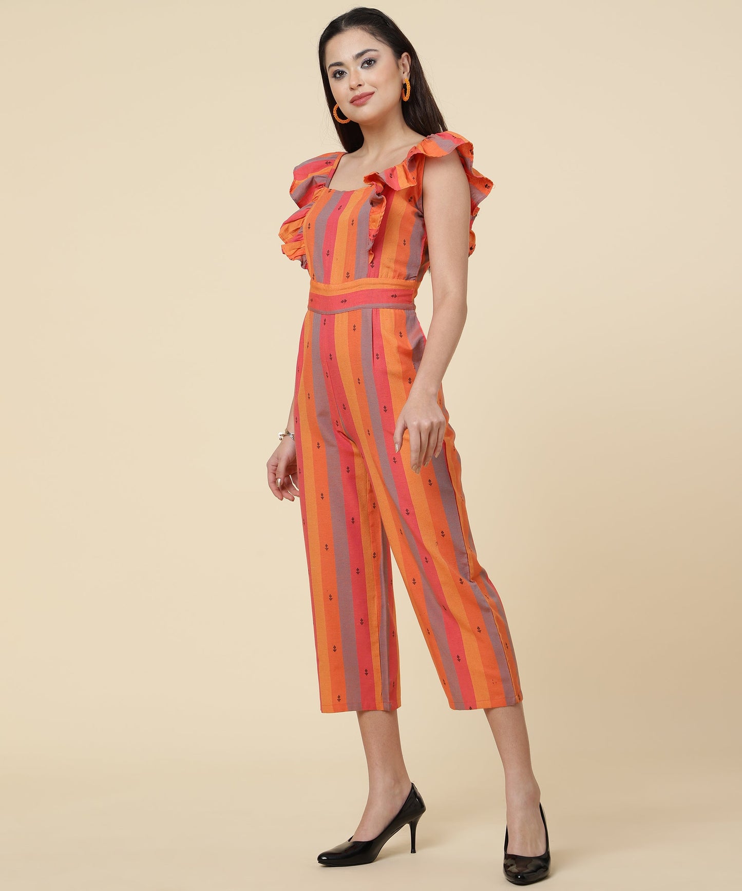 ANUSHIL Multicoloured Striped Jumpsuit for Women - Ruffle Sleeves, Ankle Length Jumsuit for Girls - Woven Cotton Fabric With Square Neck Style(Orange)