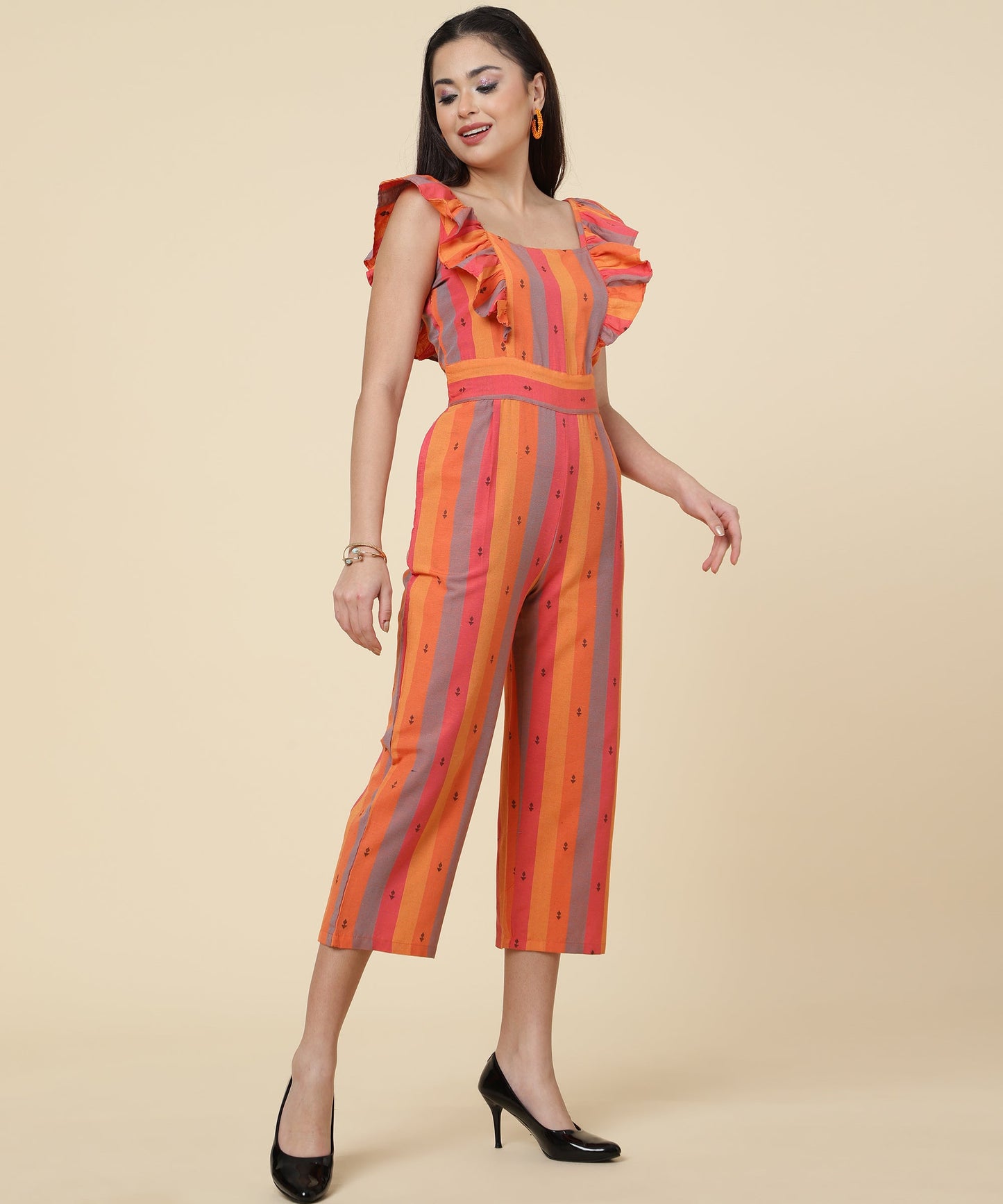 ANUSHIL Multicoloured Striped Jumpsuit for Women - Ruffle Sleeves, Ankle Length Jumsuit for Girls - Woven Cotton Fabric With Square Neck Style(Orange)