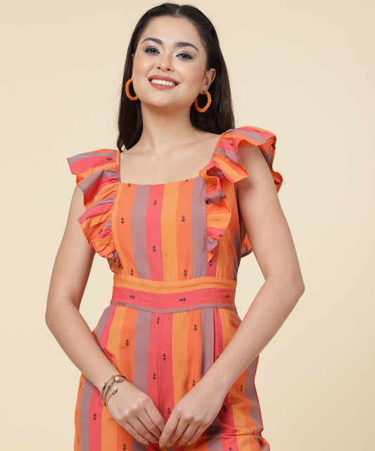 ANUSHIL Multicoloured Striped Jumpsuit for Women - Ruffle Sleeves, Ankle Length Jumsuit for Girls - Woven Cotton Fabric With Square Neck Style(Orange)