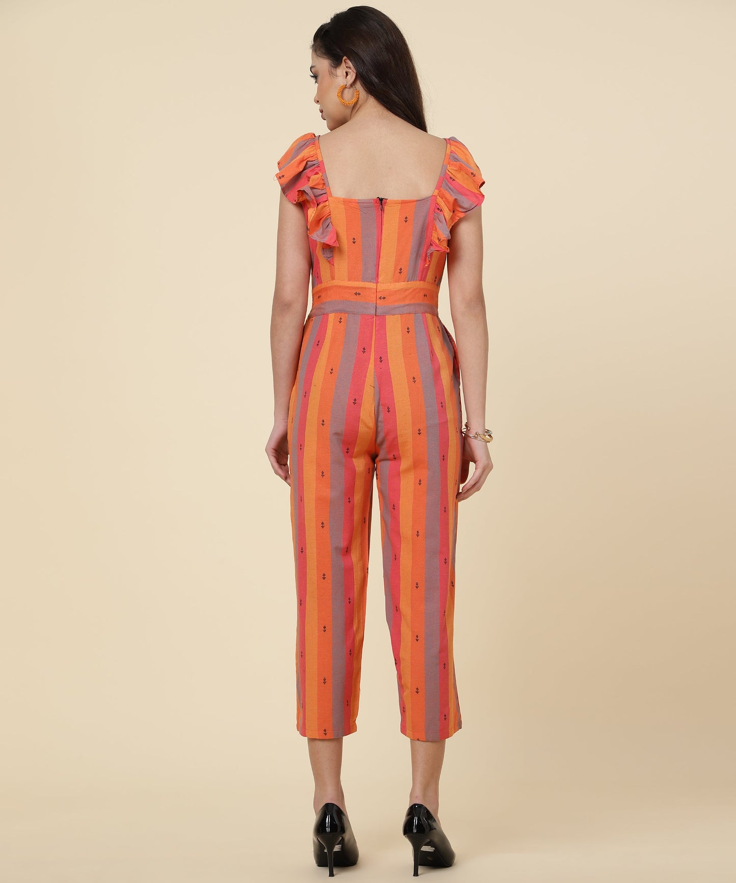 ANUSHIL Multicoloured Striped Jumpsuit for Women - Ruffle Sleeves, Ankle Length Jumsuit for Girls - Woven Cotton Fabric With Square Neck Style(Orange)