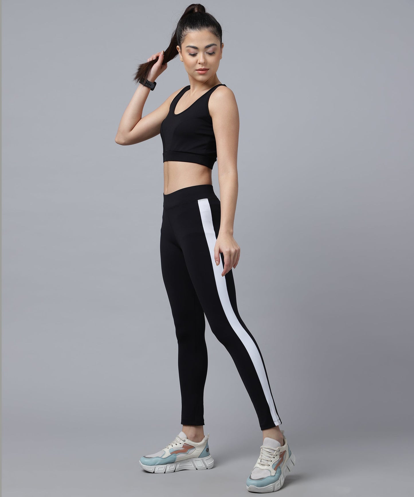 ANUSHIL Women Cotton Solid Sports Bra And Striped Jeggings For Gym Sports Yoga Swimming Running, (Color:-Black)