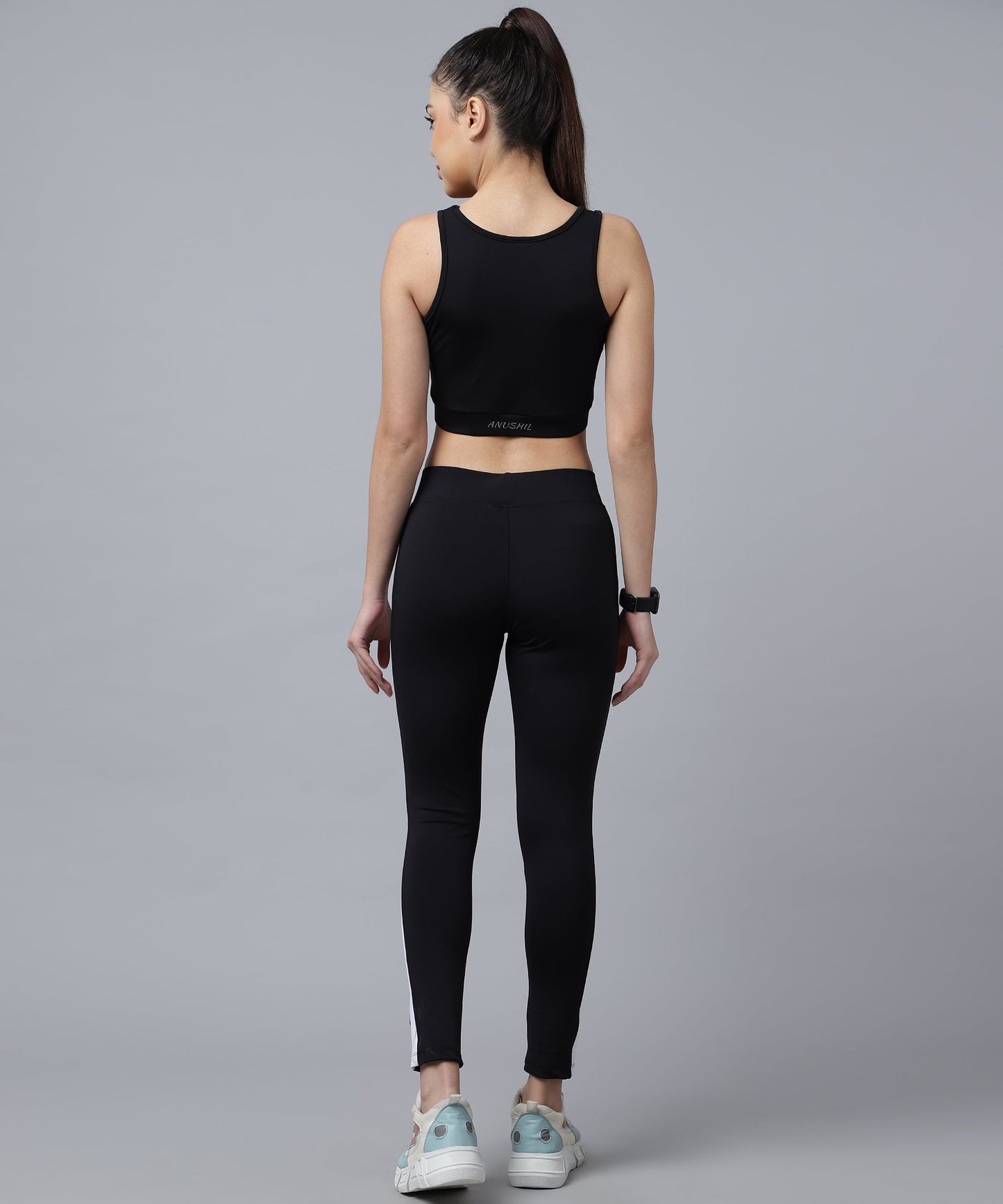 ANUSHIL Women Cotton Solid Sports Bra And Striped Jeggings For Gym Sports Yoga Swimming Running, (Color:-Black)