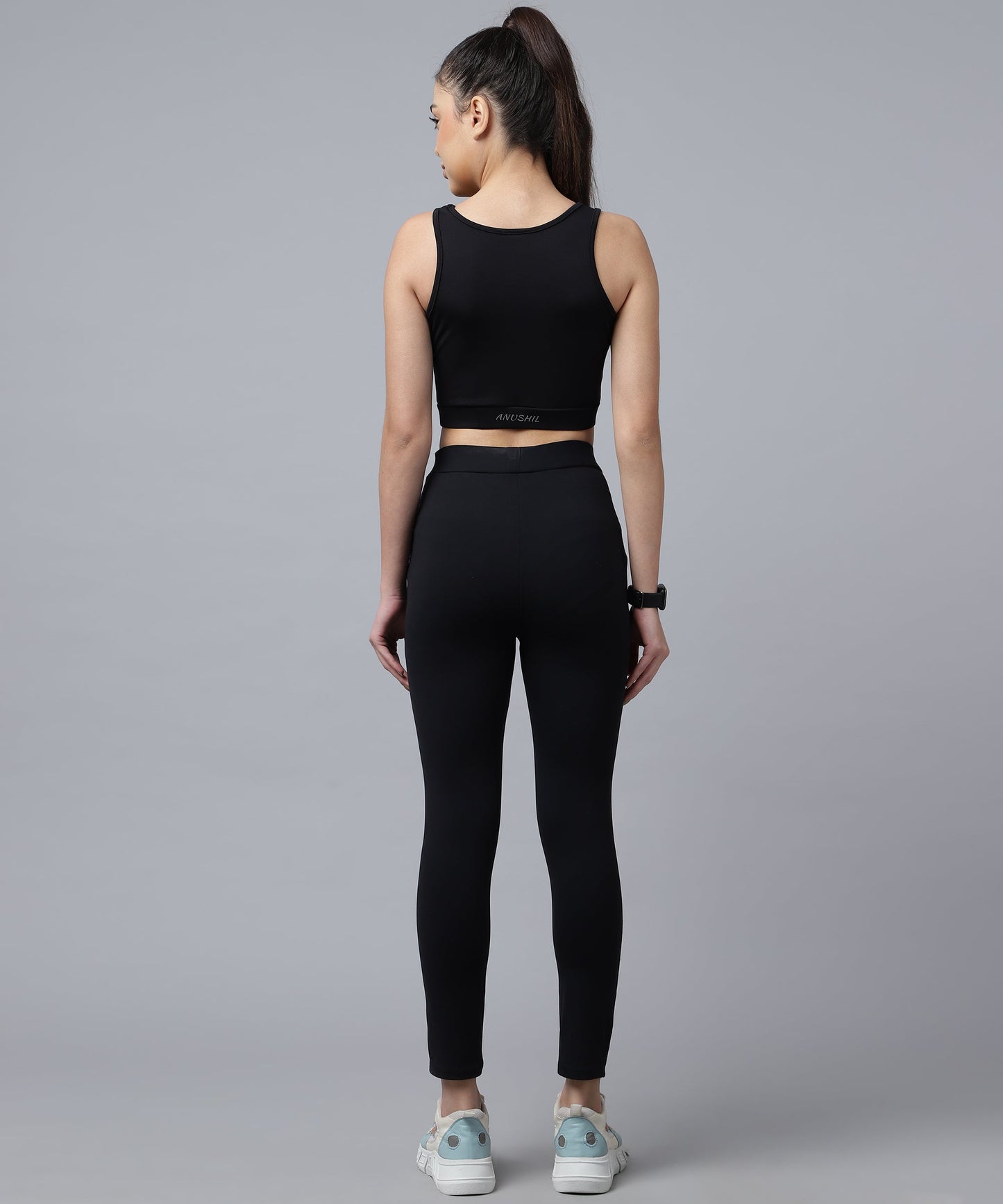 ANUSHIL Women Cotton Solid Stretch Fit Sport Bra And Jegging For Gym Sports Yoga Swimming Running (Color:-Black)