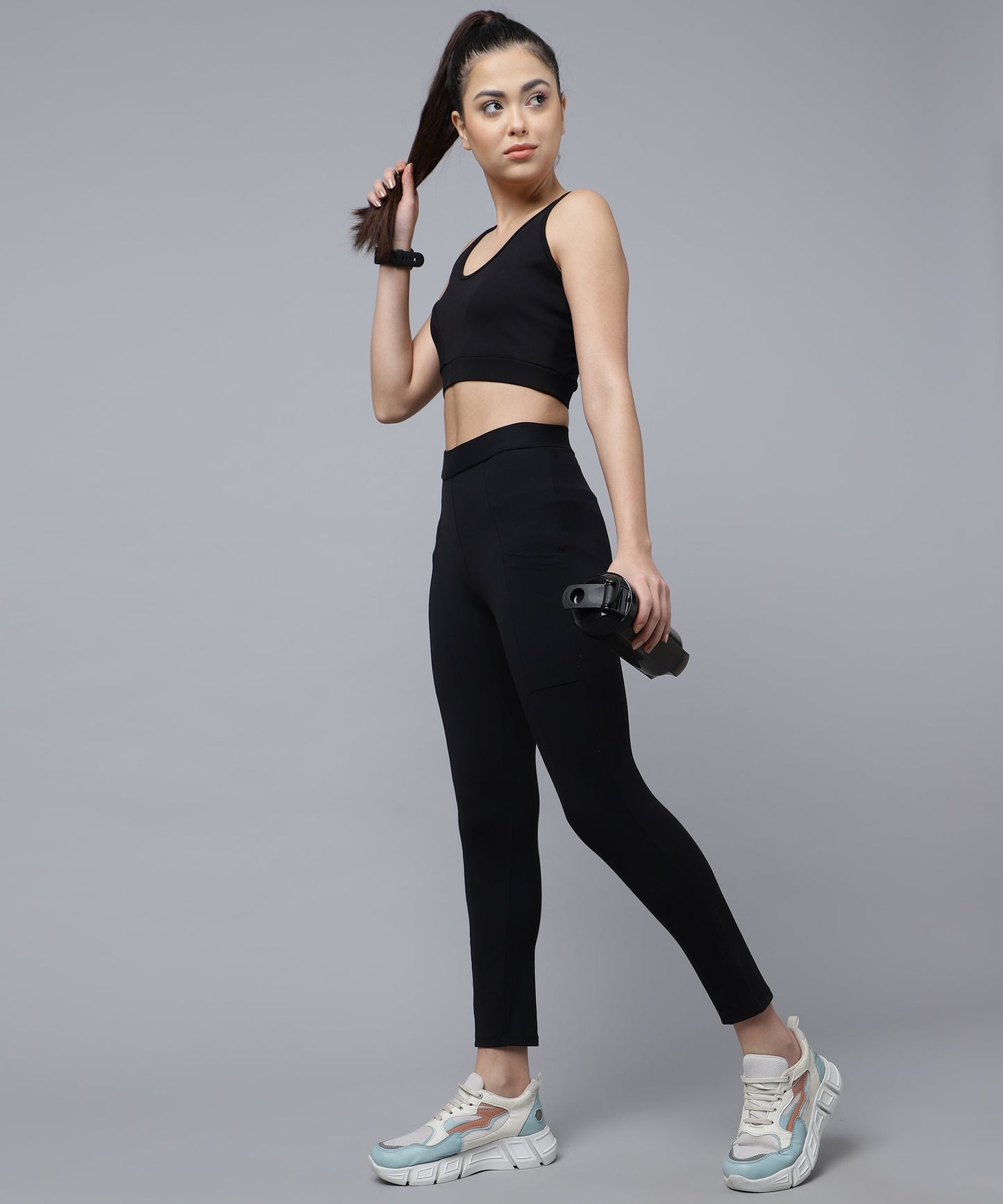 ANUSHIL Women Cotton Solid Stretch Fit Sport Bra And Jegging For Gym Sports Yoga Swimming Running (Color:-Black)