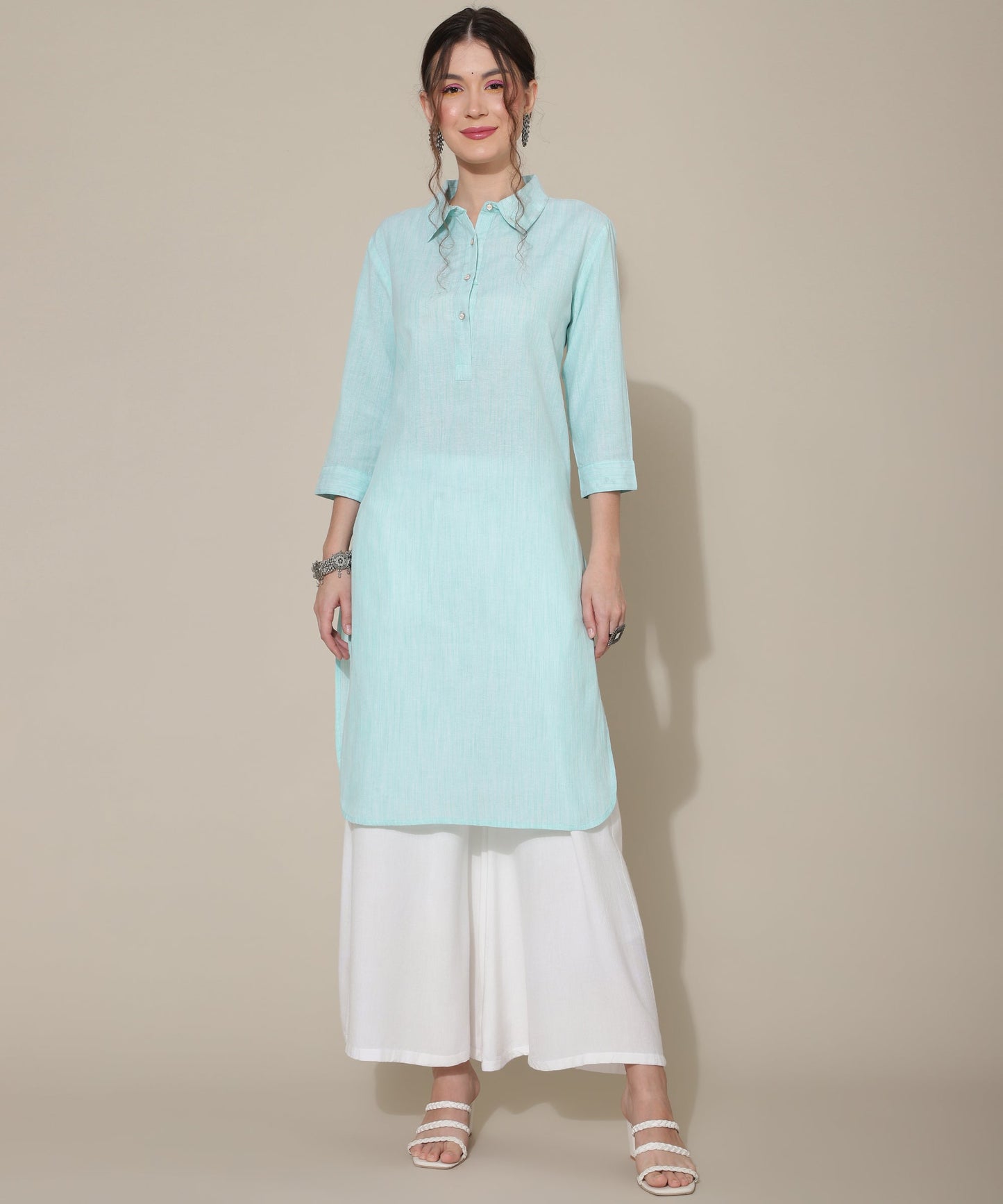 Cotton Kurta For Women Collar Design Pattern with Button Style, Blue