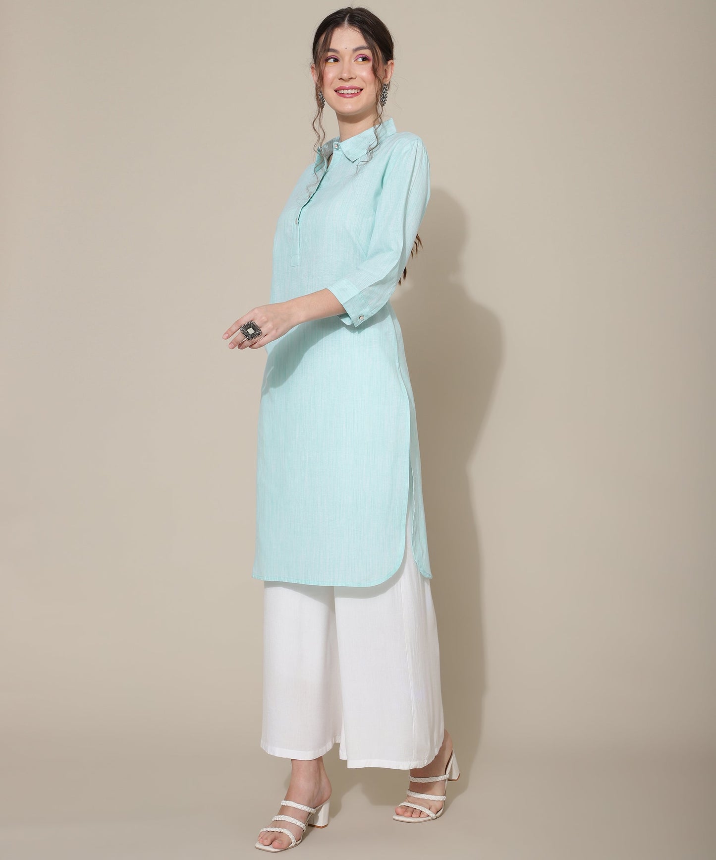 Cotton Kurta For Women Collar Design Pattern with Button Style, Blue