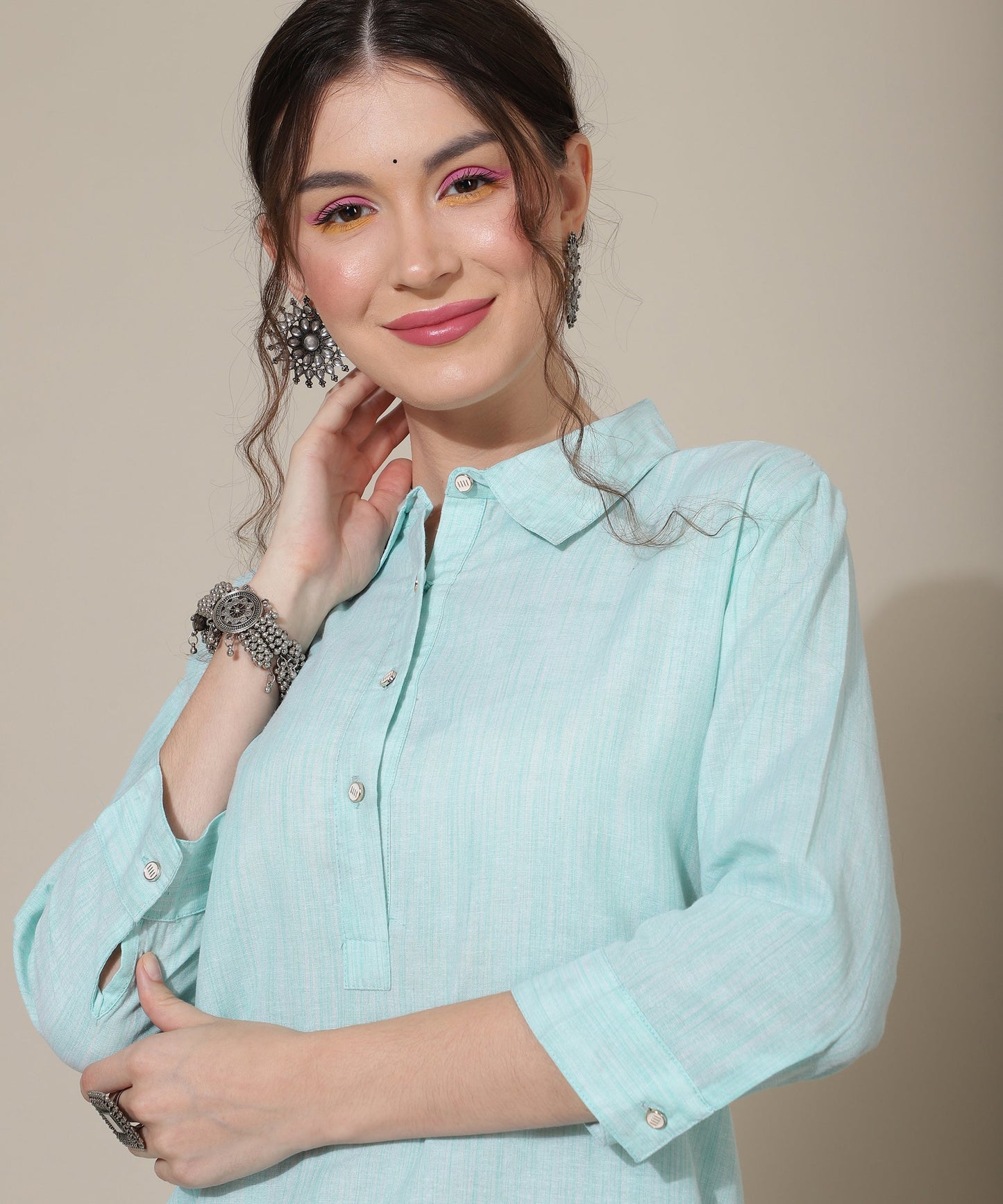 Cotton Kurta For Women Collar Design Pattern with Button Style, Blue