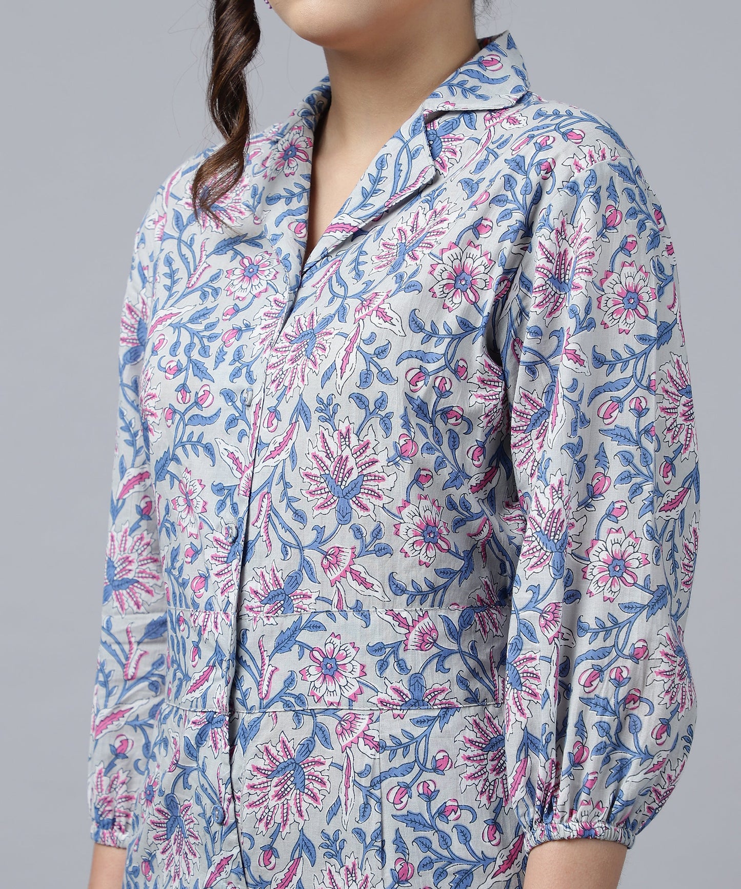 Feminine Cotton Jumpsuit For Women- Short Length Jumpsuit for Girls, V Neck with Button Style(Grey)