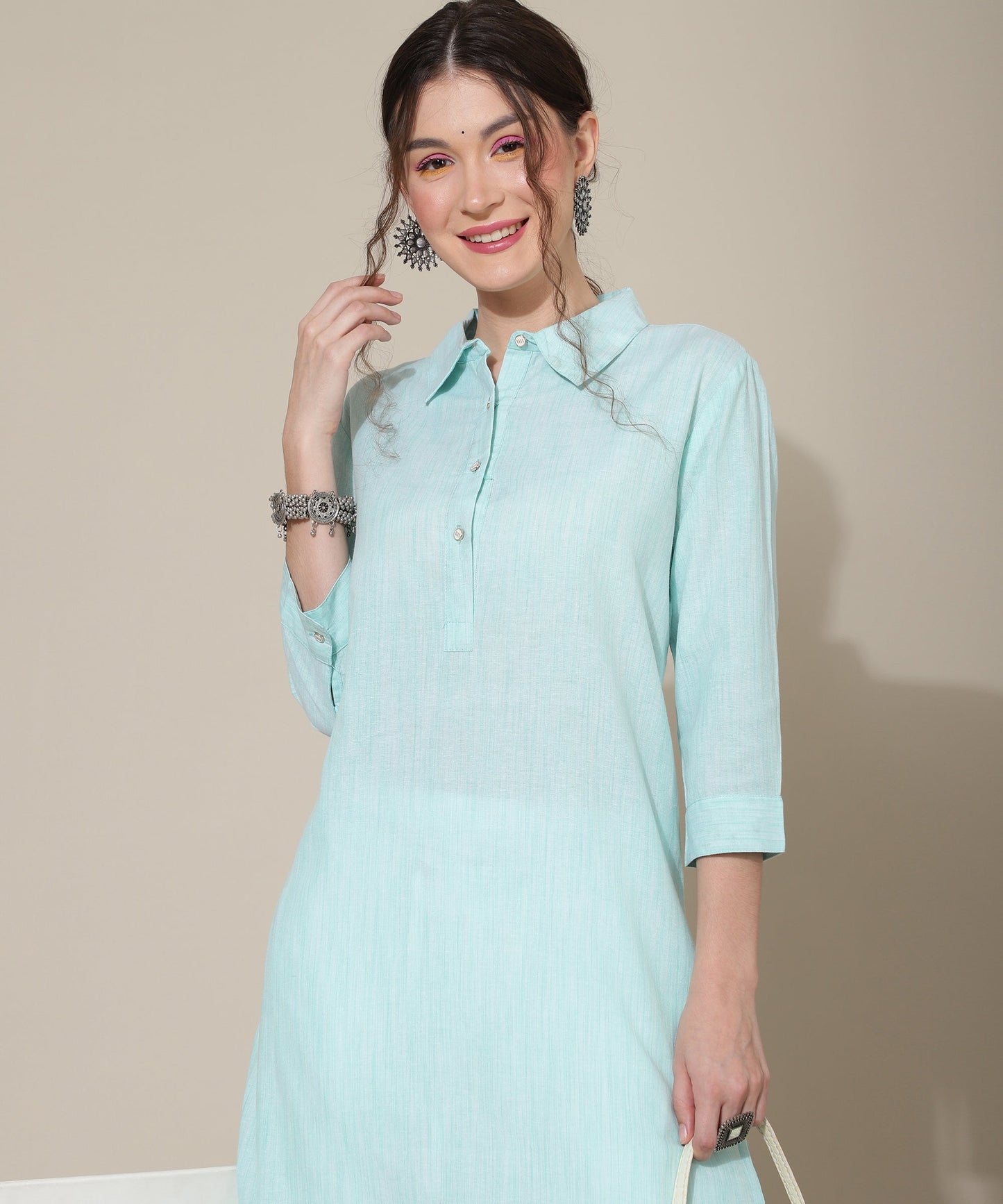 Cotton Kurta For Women Collar Design Pattern with Button Style, Blue