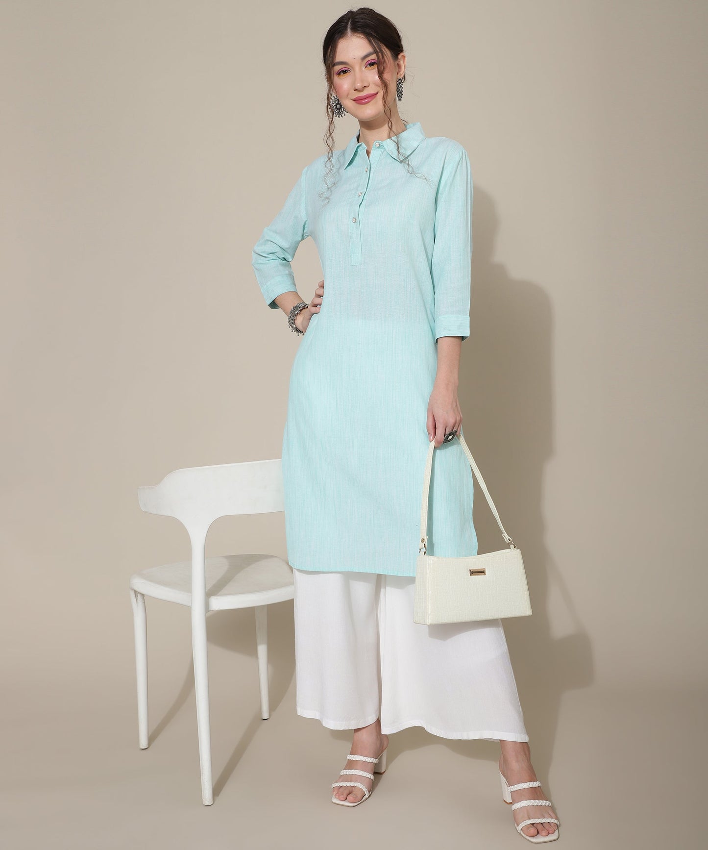 Cotton Kurta For Women Collar Design Pattern with Button Style, Blue