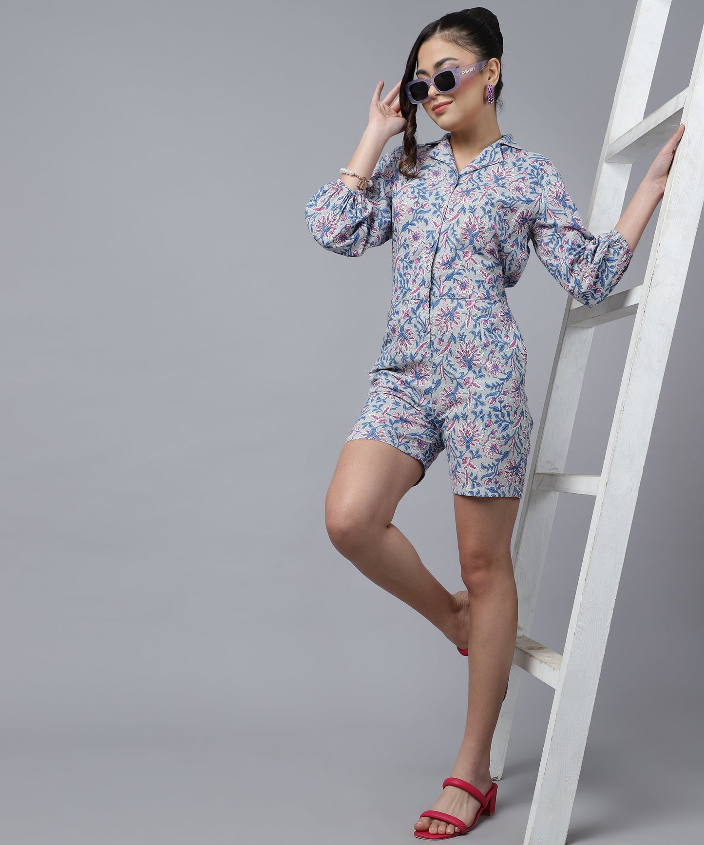 Feminine Cotton Jumpsuit For Women- Short Length Jumpsuit for Girls, V Neck with Button Style(Grey)