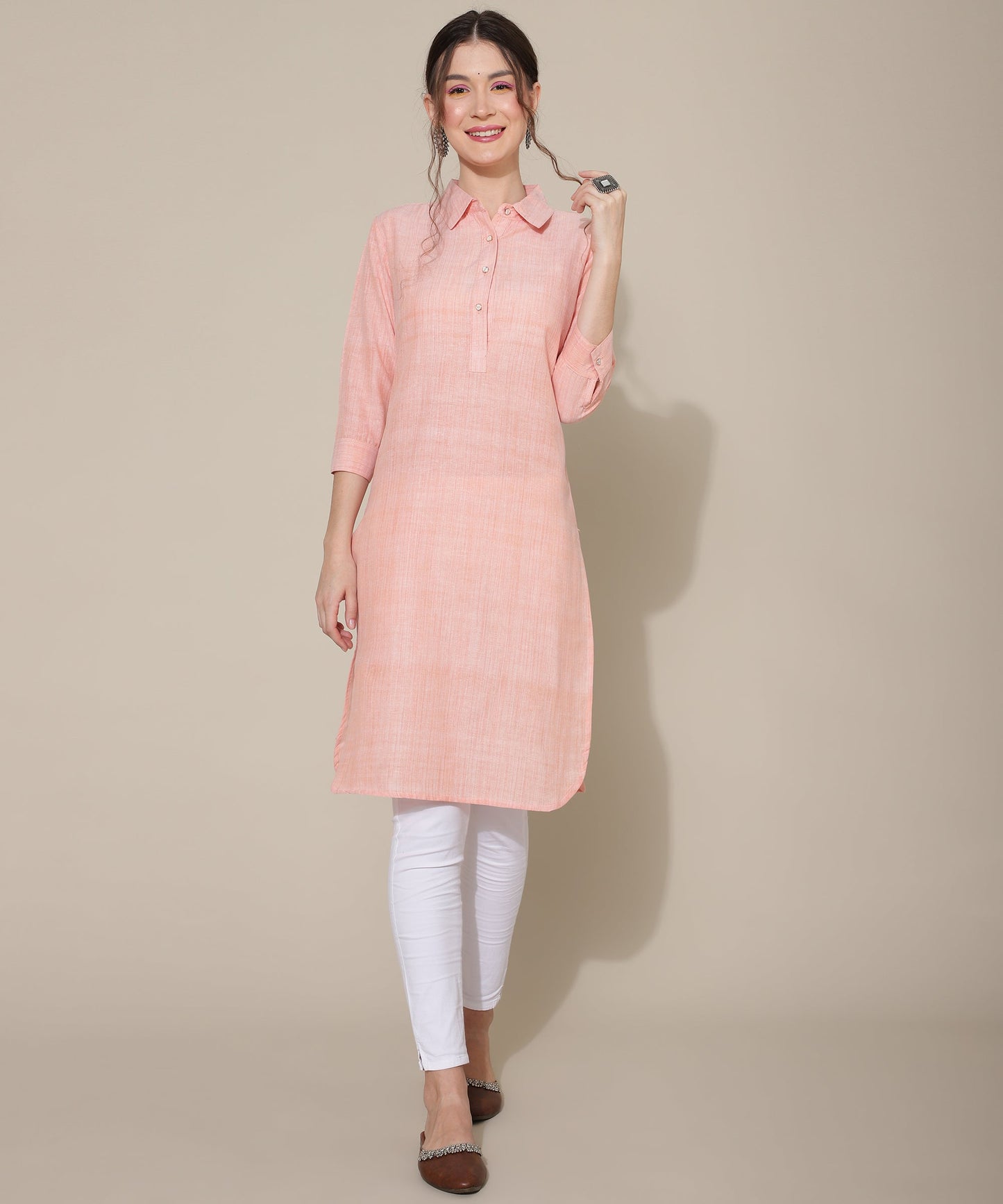 Cotton Kurta Collar Design Pattern with Button Style, Orange