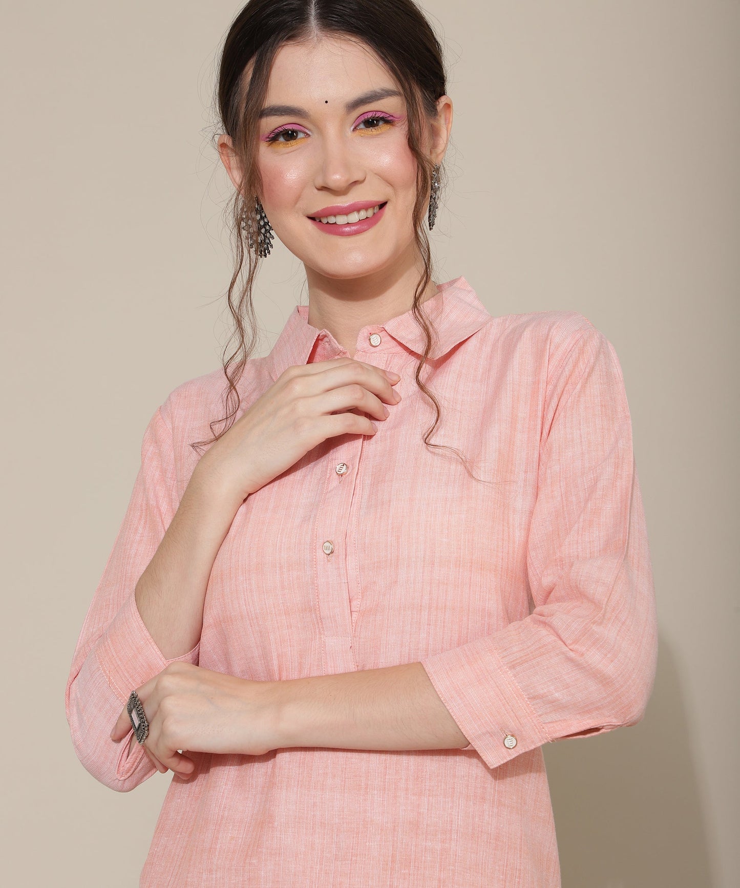 Cotton Kurta Collar Design Pattern with Button Style, Orange