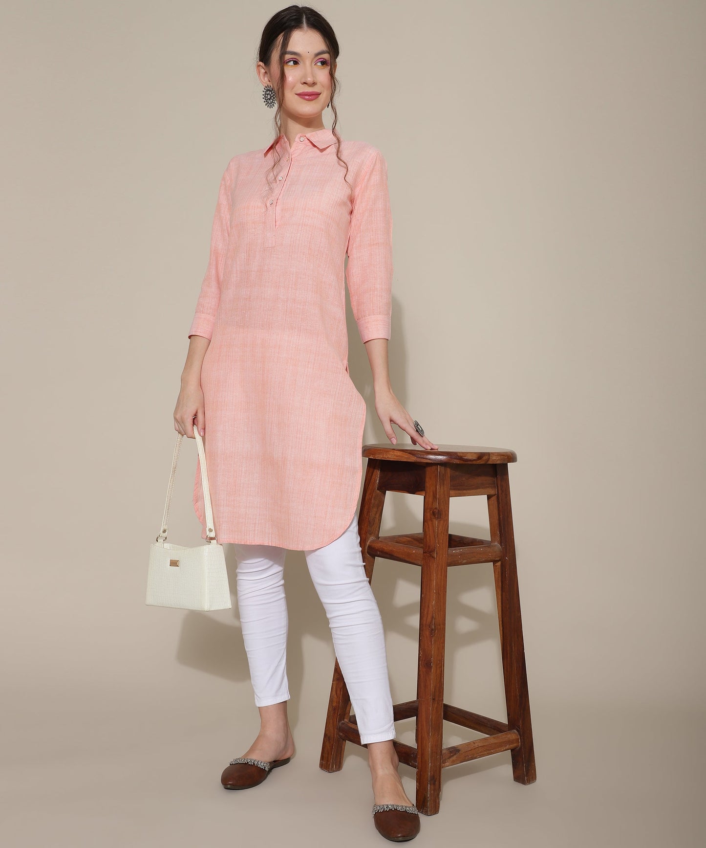 Cotton Kurta Collar Design Pattern with Button Style, Orange