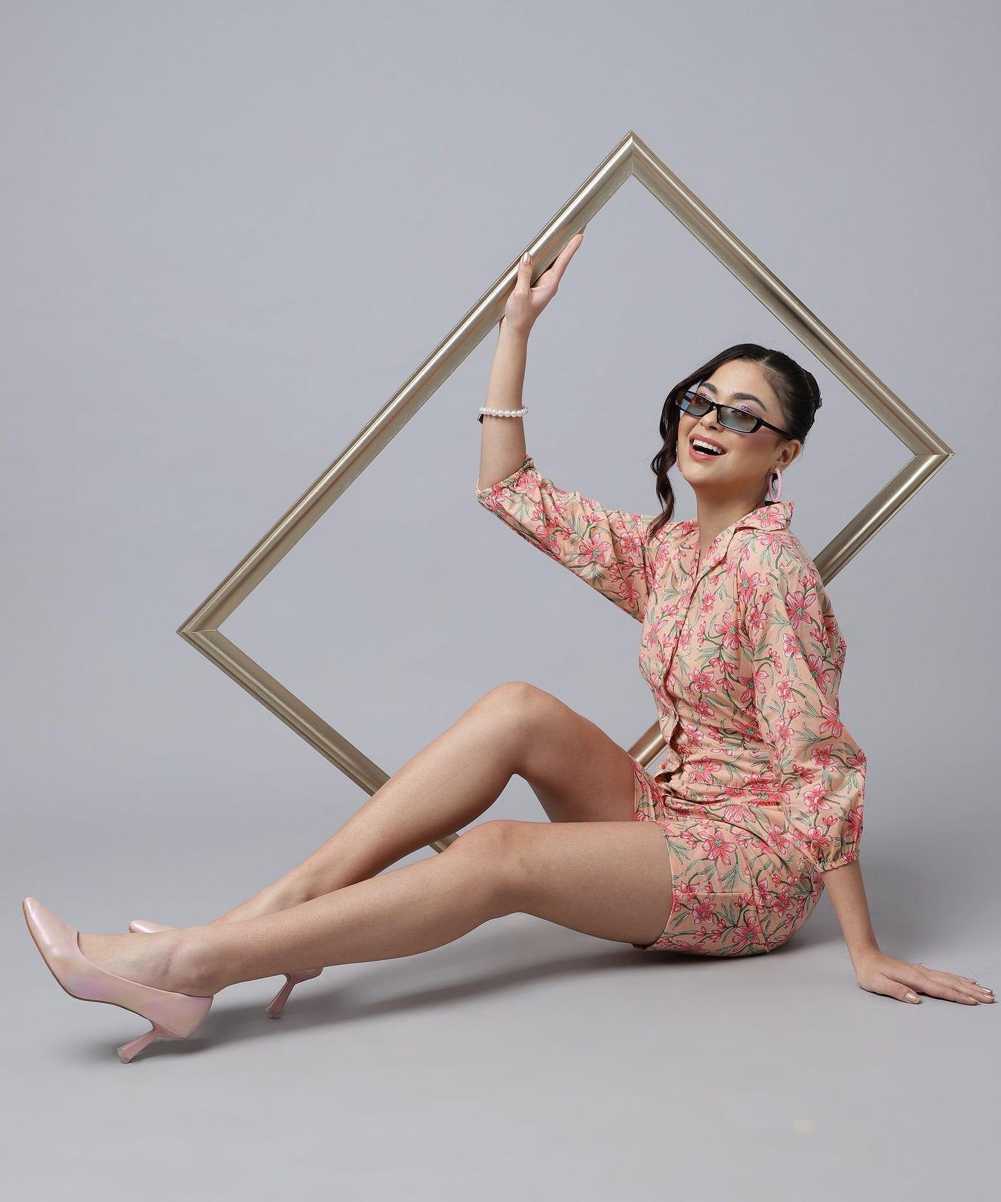 Feminine Cotton Jumpsuit For Women- Short Length Jumpsuit for Girls, V Neck with Button Style(Orange)