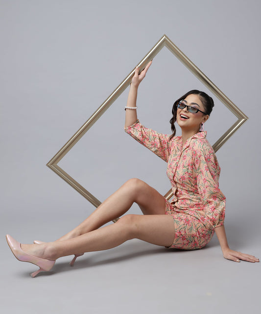 Feminine Cotton Jumpsuit For Women- Short Length Jumpsuit for Girls, V Neck with Button Style(Orange)