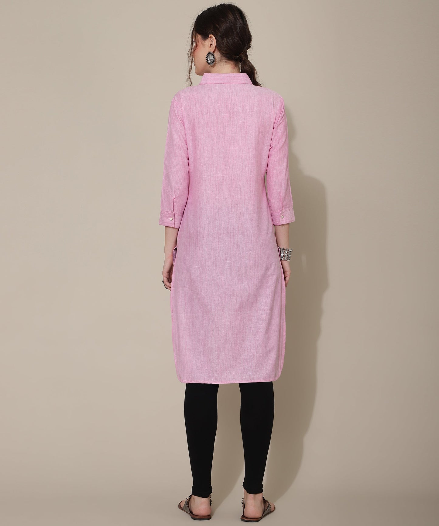 Cotton Kurta For Women Collar Design Pattern with Button Style, Pink