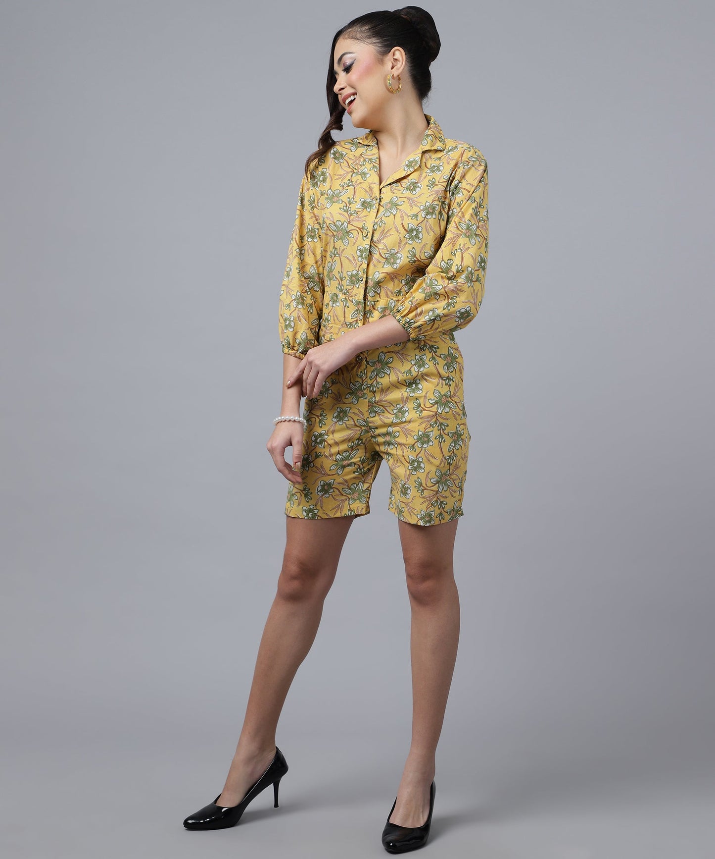 Feminine Cotton Jumpsuit For Women- Short Length Jumpsuit for Girls, V Neck with Button Style(Yellow)