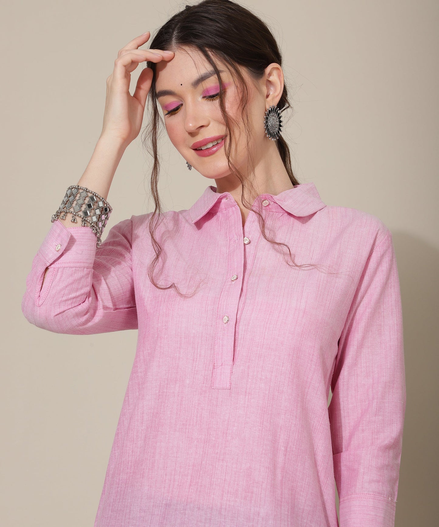 Cotton Kurta For Women Collar Design Pattern with Button Style, Pink