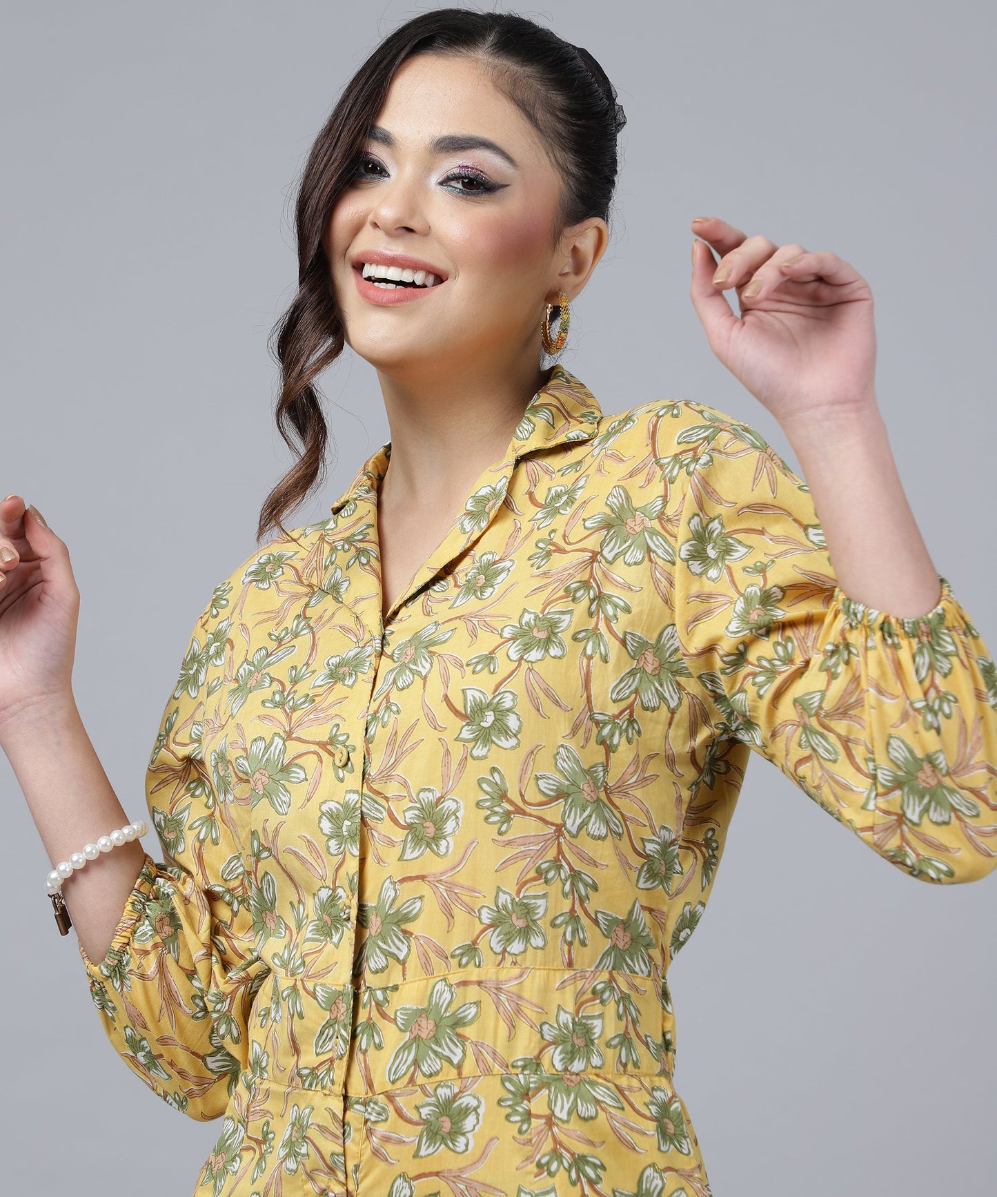 Feminine Cotton Jumpsuit For Women- Short Length Jumpsuit for Girls, V Neck with Button Style(Yellow)