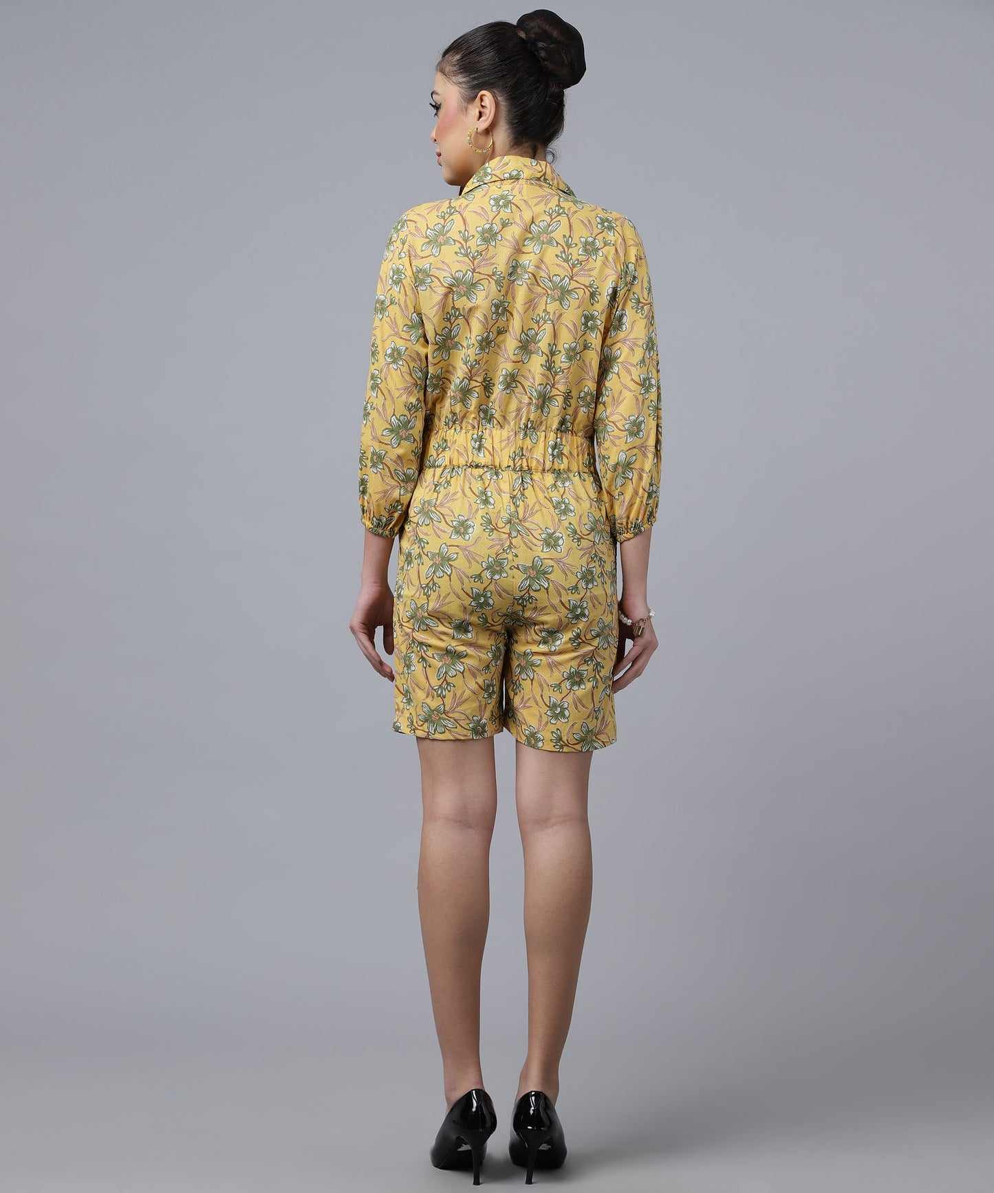 Feminine Cotton Jumpsuit For Women- Short Length Jumpsuit for Girls, V Neck with Button Style(Yellow)