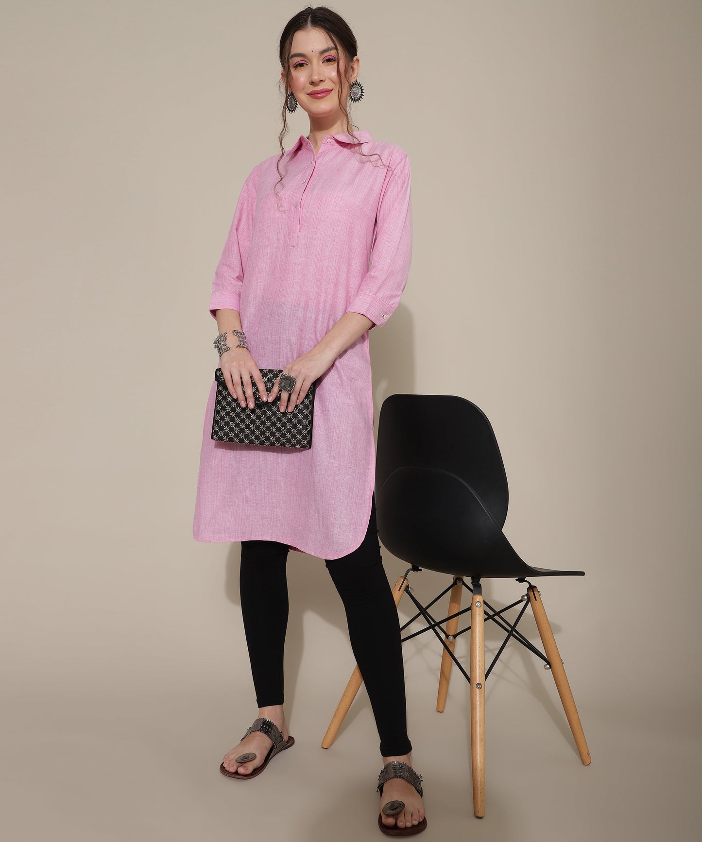 Cotton Kurta For Women Collar Design Pattern with Button Style, Pink