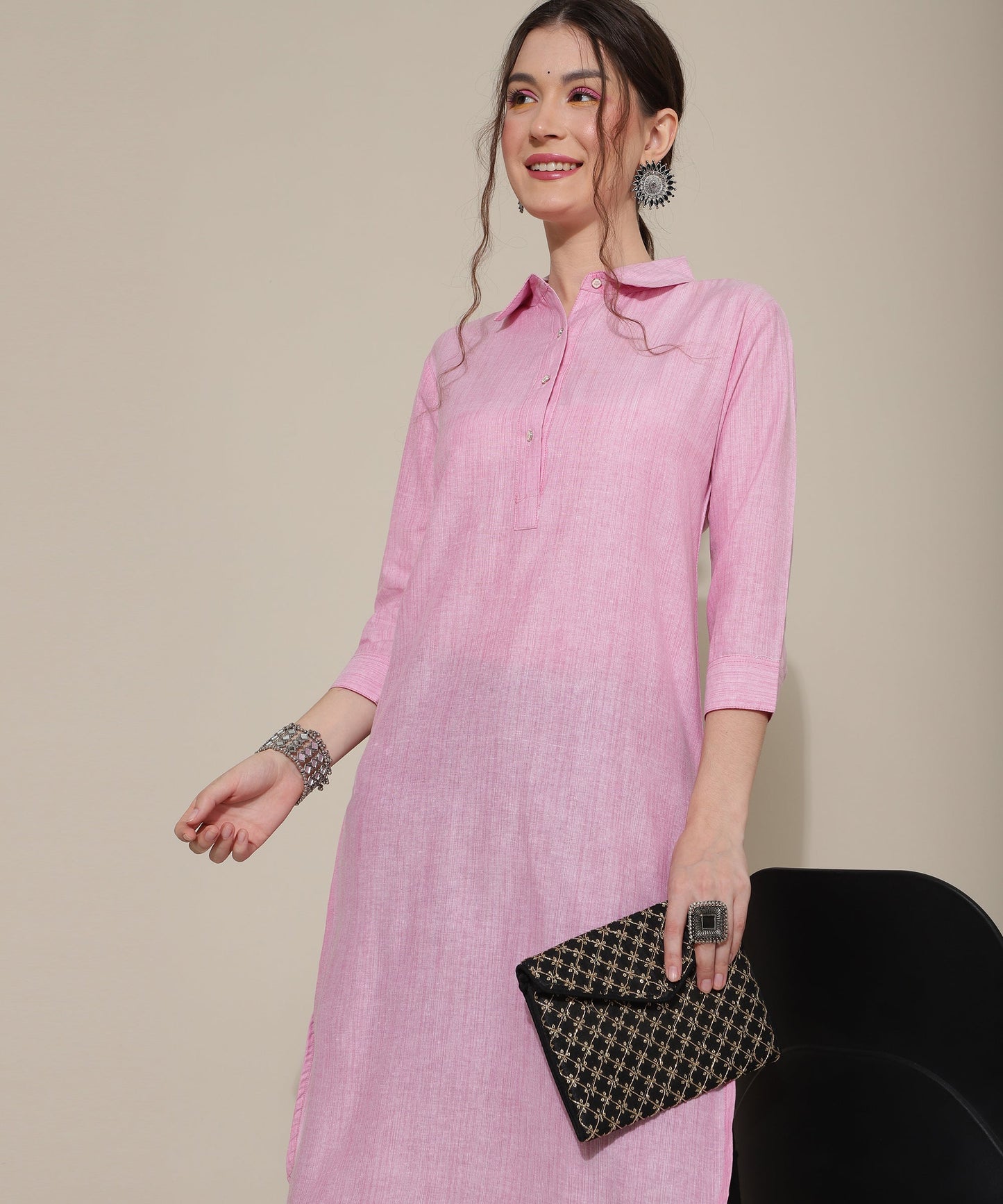 Cotton Kurta For Women Collar Design Pattern with Button Style, Pink