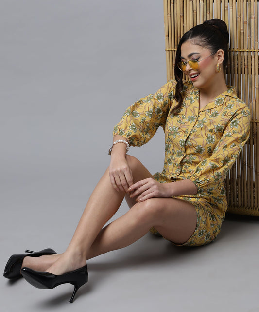 Feminine Cotton Jumpsuit For Women- Short Length Jumpsuit for Girls, V Neck with Button Style(Yellow)