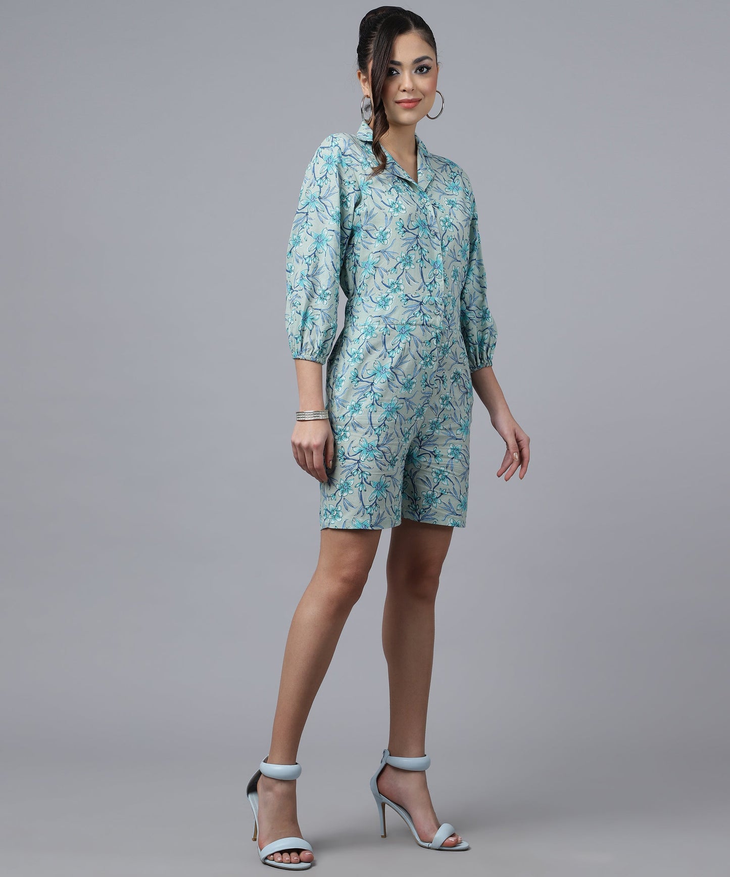 Feminine Cotton Jumpsuit For Women- Short Length Jumpsuit for Girls, V Neck with Button Style(Blue)