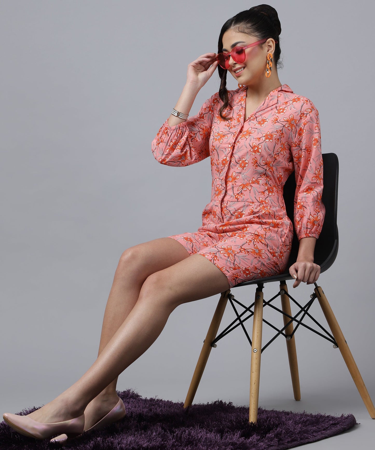 Feminine Cotton Jumpsuit For Women- Short Length Jumpsuit for Girls, V Neck with Button Style(Pink)