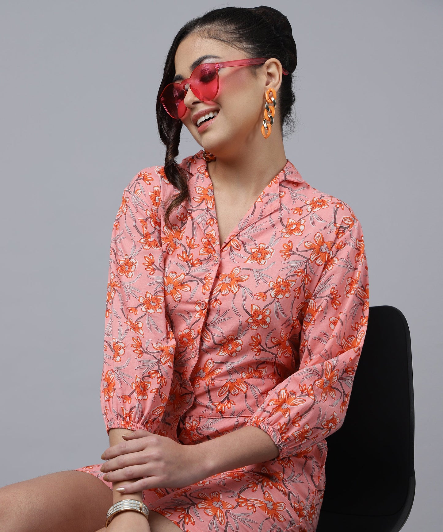 Feminine Cotton Jumpsuit For Women- Short Length Jumpsuit for Girls, V Neck with Button Style(Pink)