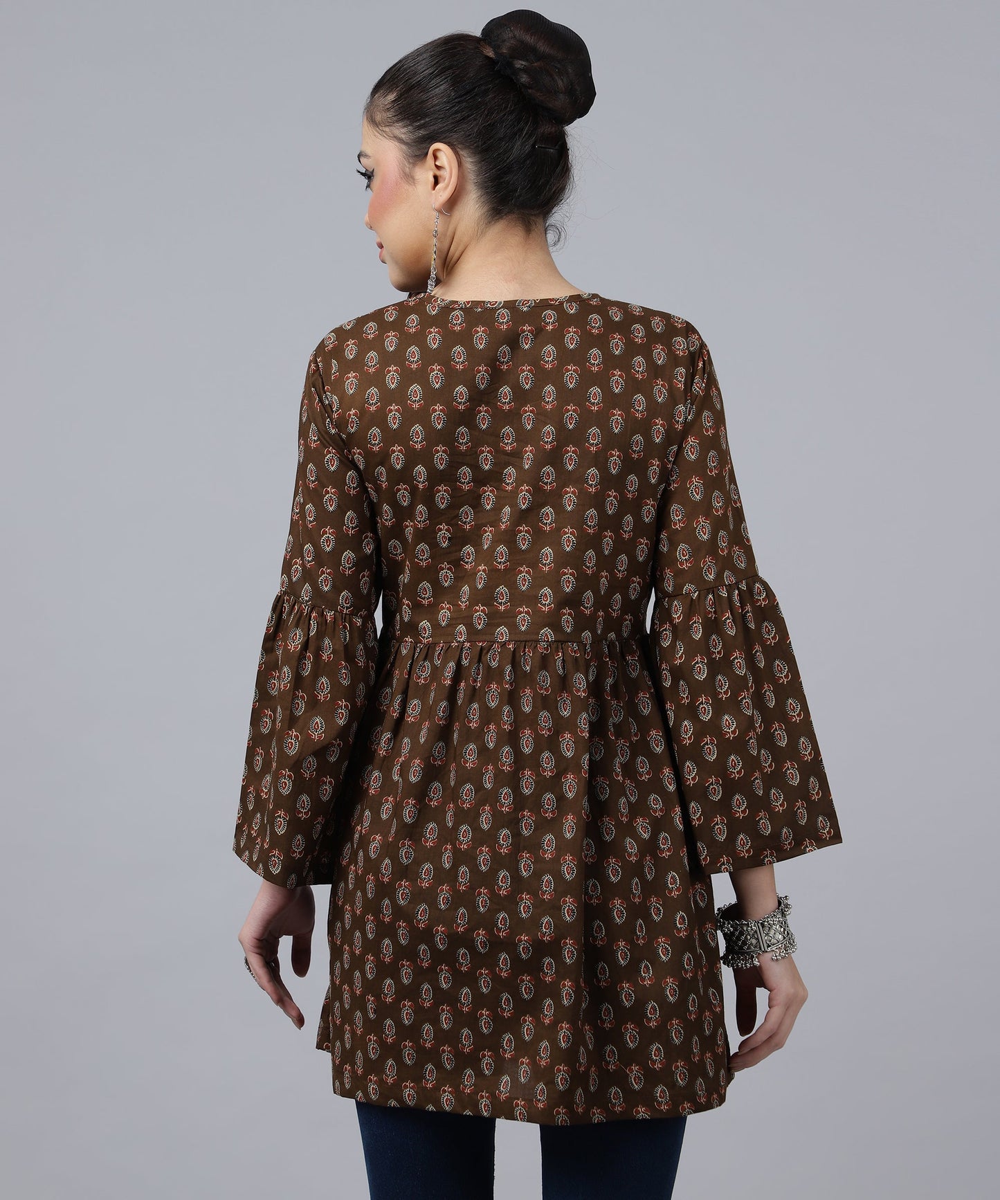 ANUSHIL Women's Cotton Cambric Printed Peplum Top - Stylish and Comfortable-Ideal for All Seasons(Brown)