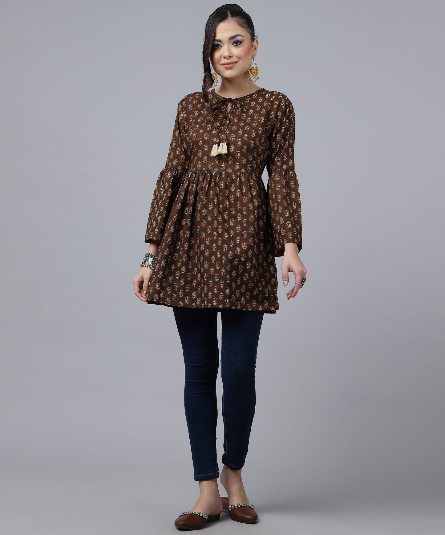 ANUSHIL Women's Cotton Cambric Printed Peplum Top - Stylish and Comfortable-Ideal for All Seasons(Brown)