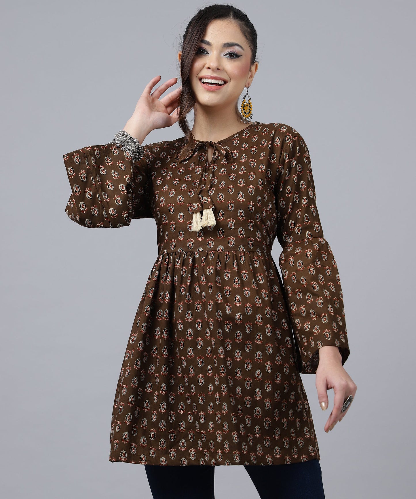 ANUSHIL Women's Cotton Cambric Printed Peplum Top - Stylish and Comfortable-Ideal for All Seasons(Brown)