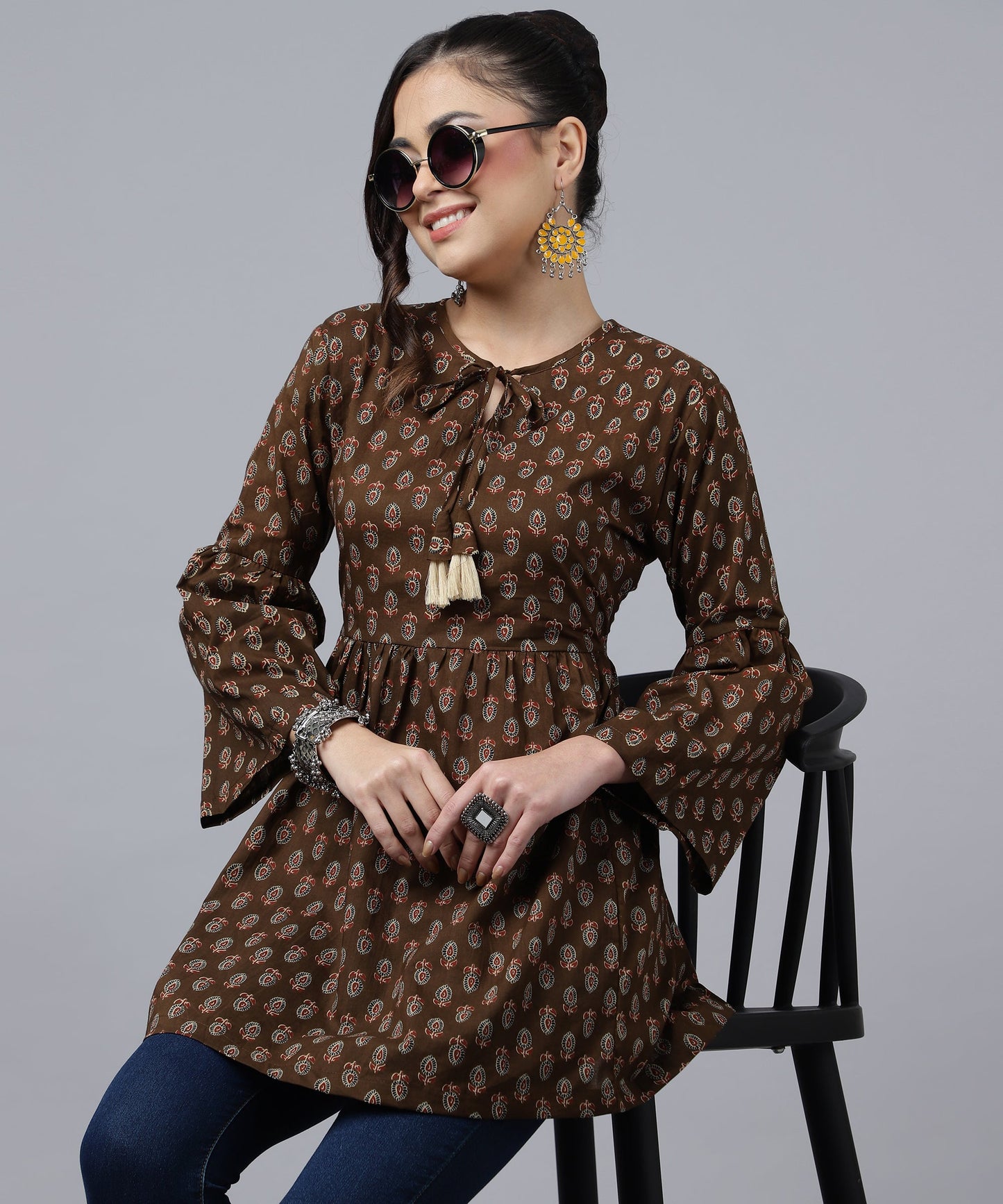 ANUSHIL Women's Cotton Cambric Printed Peplum Top - Stylish and Comfortable-Ideal for All Seasons(Brown)