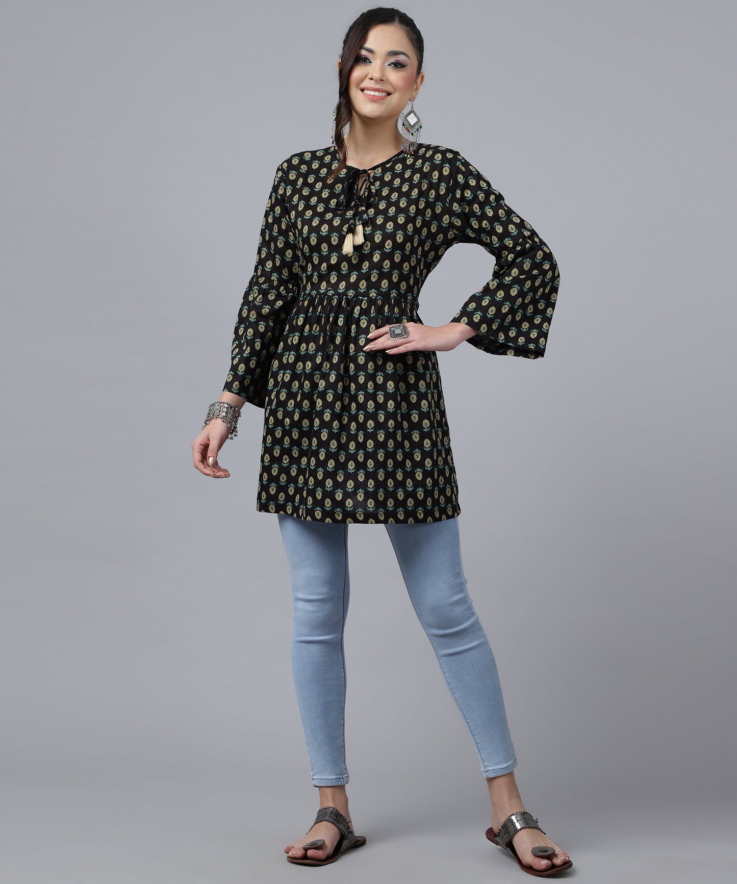 ANUSHIL Women's Cotton Cambric Printed Peplum Top - Stylish and Comfortable-Ideal for All Seasons(Black)