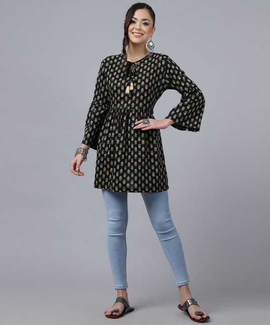 ANUSHIL Women's Cotton Cambric Printed Peplum Top - Stylish and Comfortable-Ideal for All Seasons(Black)