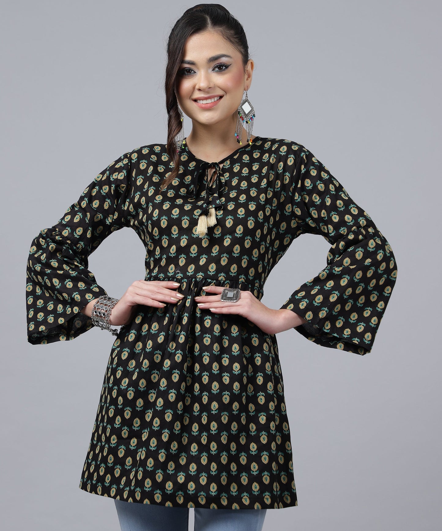 ANUSHIL Women's Cotton Cambric Printed Peplum Top - Stylish and Comfortable-Ideal for All Seasons(Black)