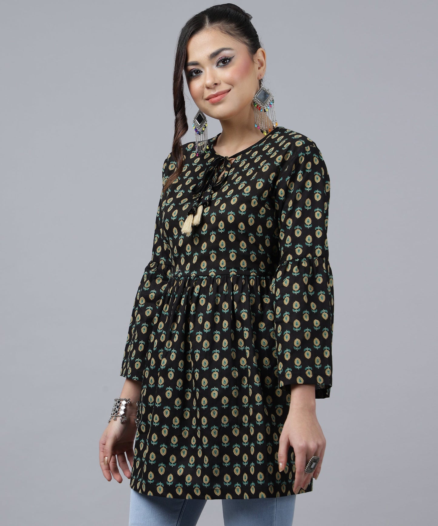 ANUSHIL Women's Cotton Cambric Printed Peplum Top - Stylish and Comfortable-Ideal for All Seasons(Black)