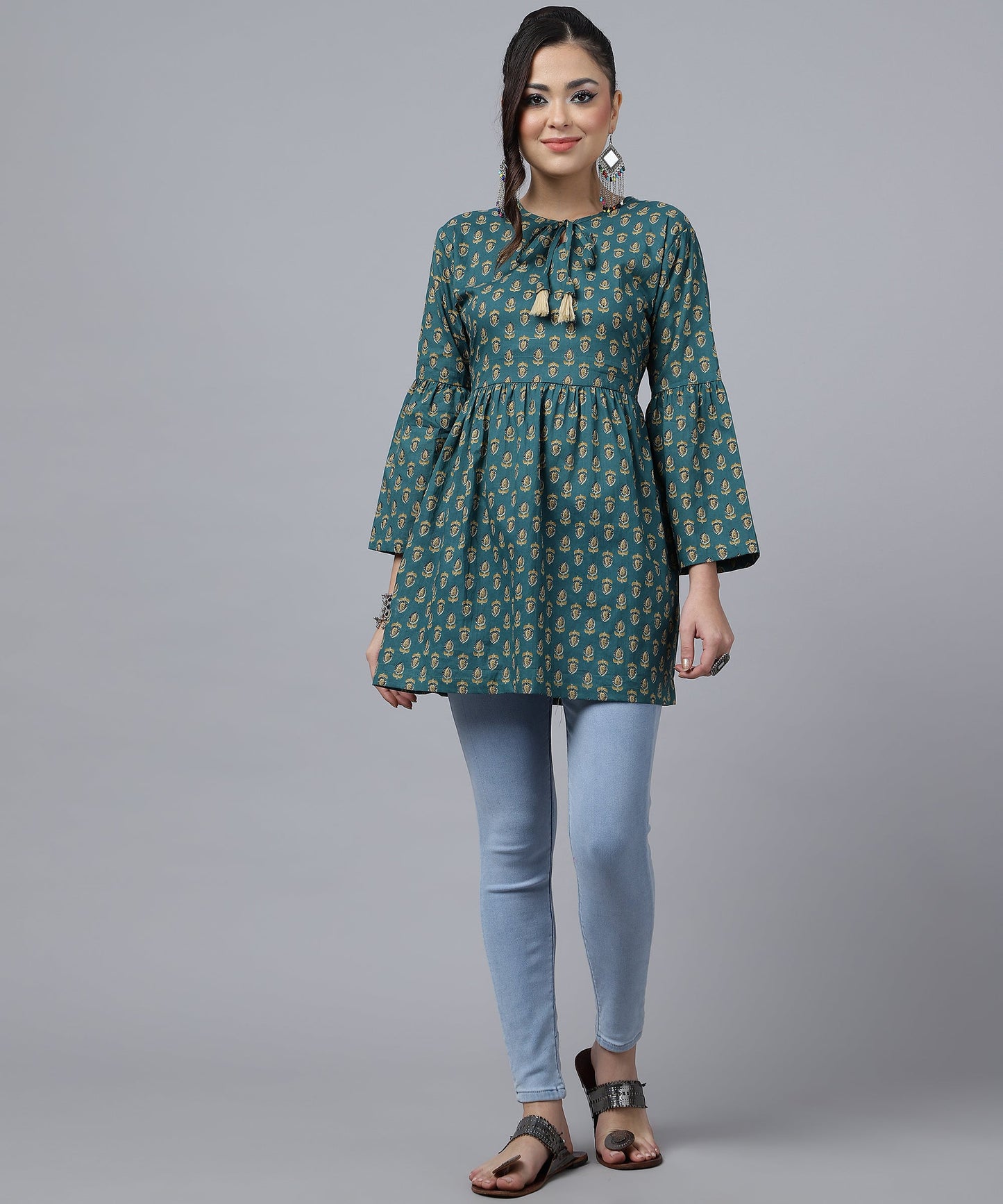 ANUSHIL Women's Cotton Cambric Printed Peplum Top - Stylish and Comfortable-Ideal for All Seasons(Green)