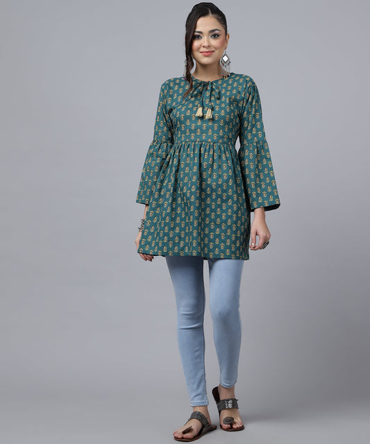 ANUSHIL Women's Cotton Cambric Printed Peplum Top - Stylish and Comfortable-Ideal for All Seasons(Green)