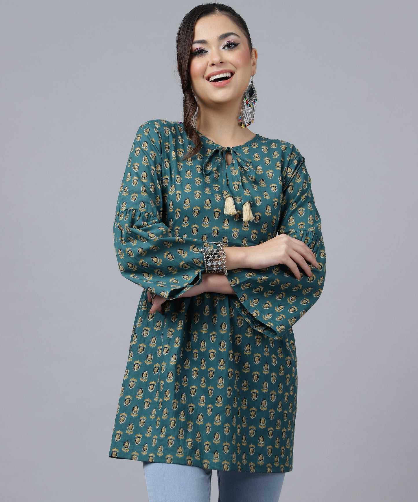 ANUSHIL Women's Cotton Cambric Printed Peplum Top - Stylish and Comfortable-Ideal for All Seasons(Green)