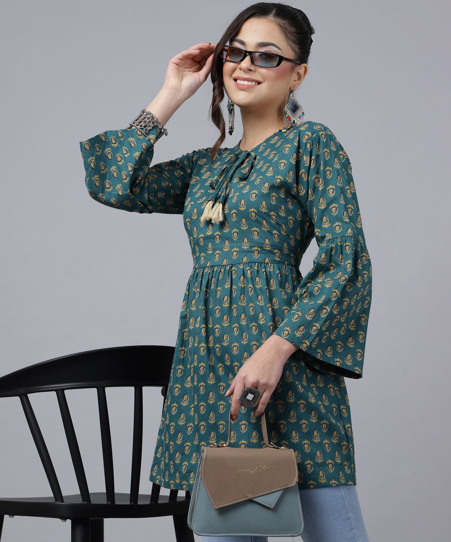 ANUSHIL Women's Cotton Cambric Printed Peplum Top - Stylish and Comfortable-Ideal for All Seasons(Green)